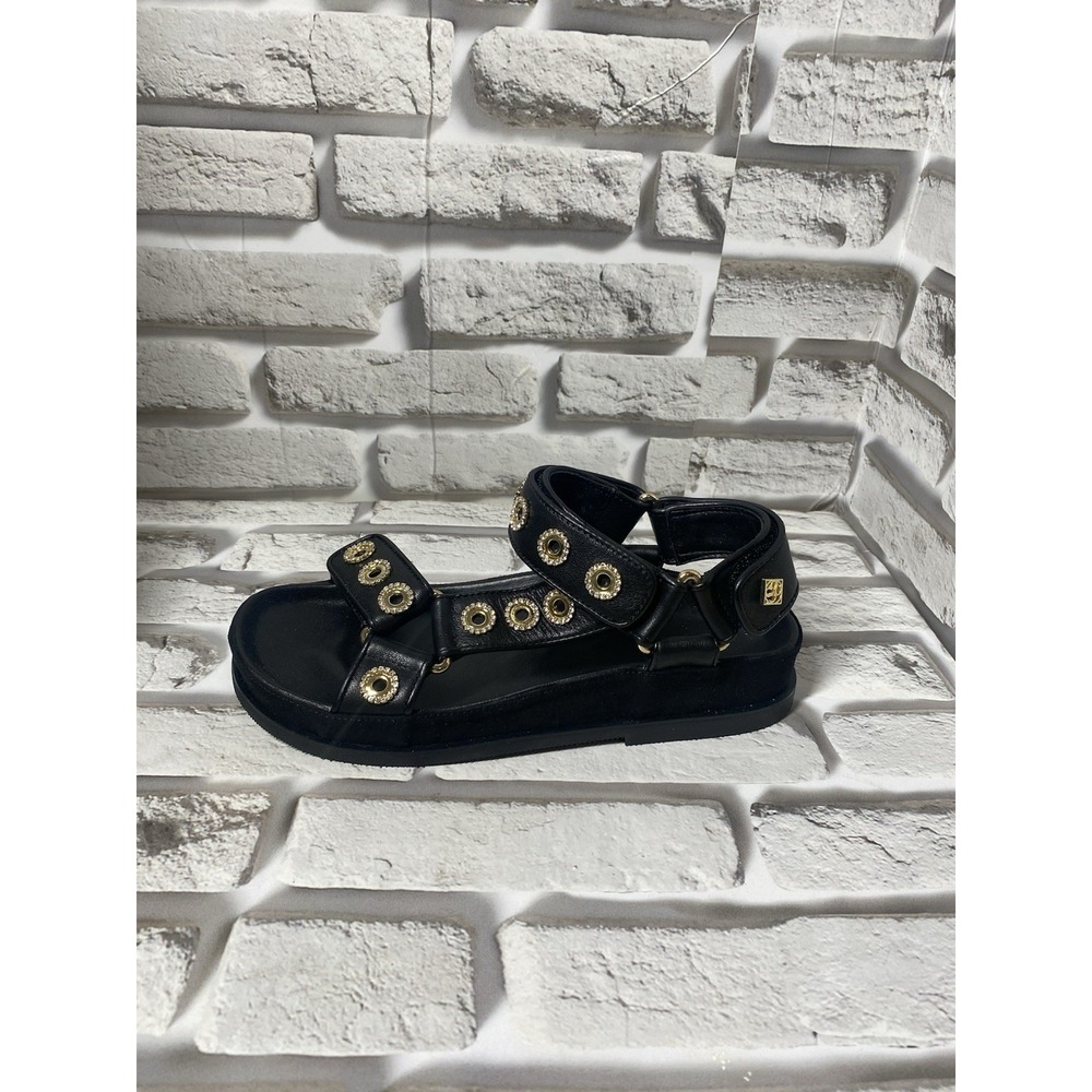 Sandro Rhinestone Hook-and-Loop Sandals‎ Black Leather Women's Size 6 - Picture 3 of 9